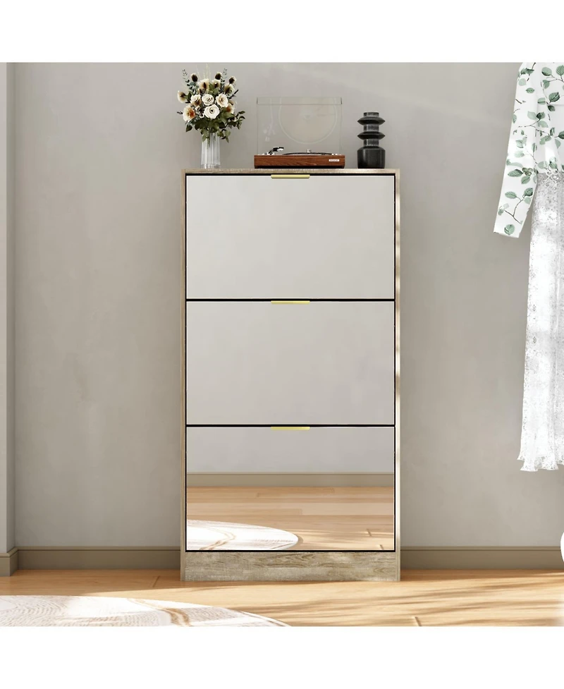 Wooden 3-door natural shoe cabinet,Mirror door panel, multi-purpose shoe rack with metal handles