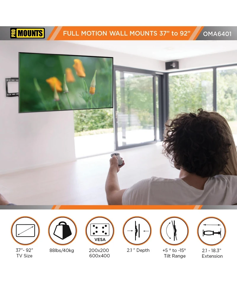 ProMounts Full Motion Tv Wall Mount for TVs 37" to 92" Up to 88 lbs