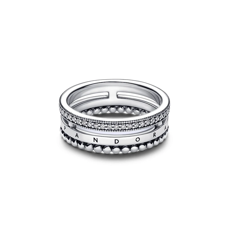 Pandora Sterling Silver Signature Logo Pave and Beads Ring