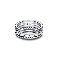 Pandora Sterling Silver Signature Logo Pave and Beads Ring