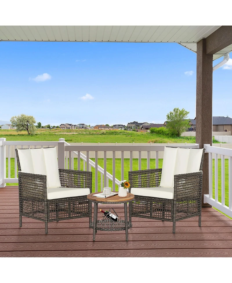 Gymax 3PCS Patio Wicker Bistro Set Furniture Set Pe Rattan Table Set w/ Cushions