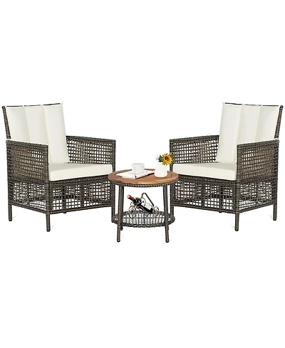 Gymax 3PCS Patio Wicker Bistro Set Furniture Set Pe Rattan Table Set w/ Cushions