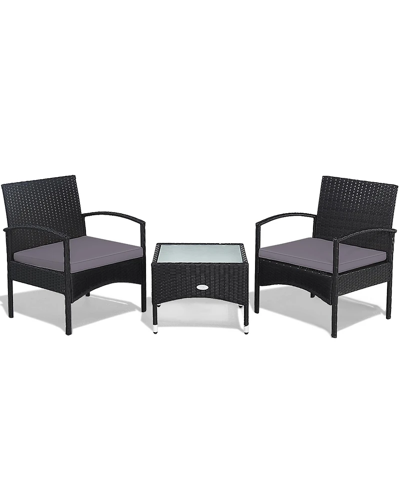 Gymax 3 Pcs Patio Wicker Rattan Furniture Set Coffee Table & 2 Rattan Chair W/Cushion