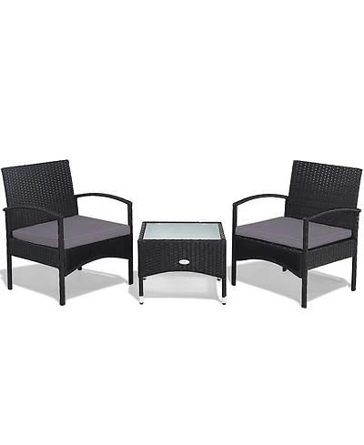 Gymax 3 Pcs Patio Wicker Rattan Furniture Set Coffee Table & 2 Rattan Chair W/Cushion