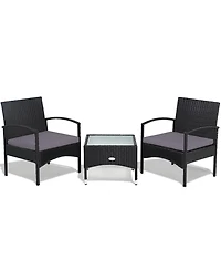 Gymax 3 Pcs Patio Wicker Rattan Furniture Set Coffee Table & 2 Rattan Chair W/Cushion
