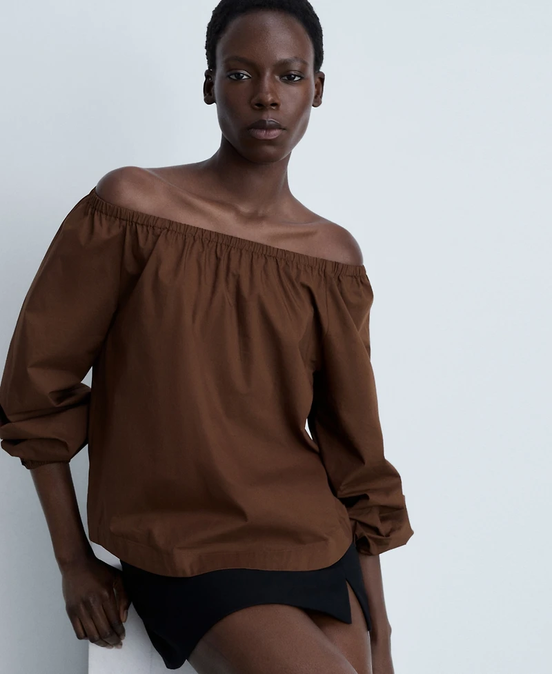 Mango Women's Gathered Neck Cotton Blouse Top