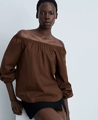 Mango Women's Gathered Neck Cotton Blouse Top