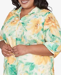 Alfred Dunner Plus Rise and Shine Watercolor Floral Tie Sleeve Button Down Top