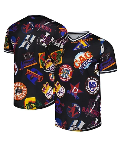 Stitches Men's Black Negro League Baseball Allover Print V-Neck Baseball Jersey
