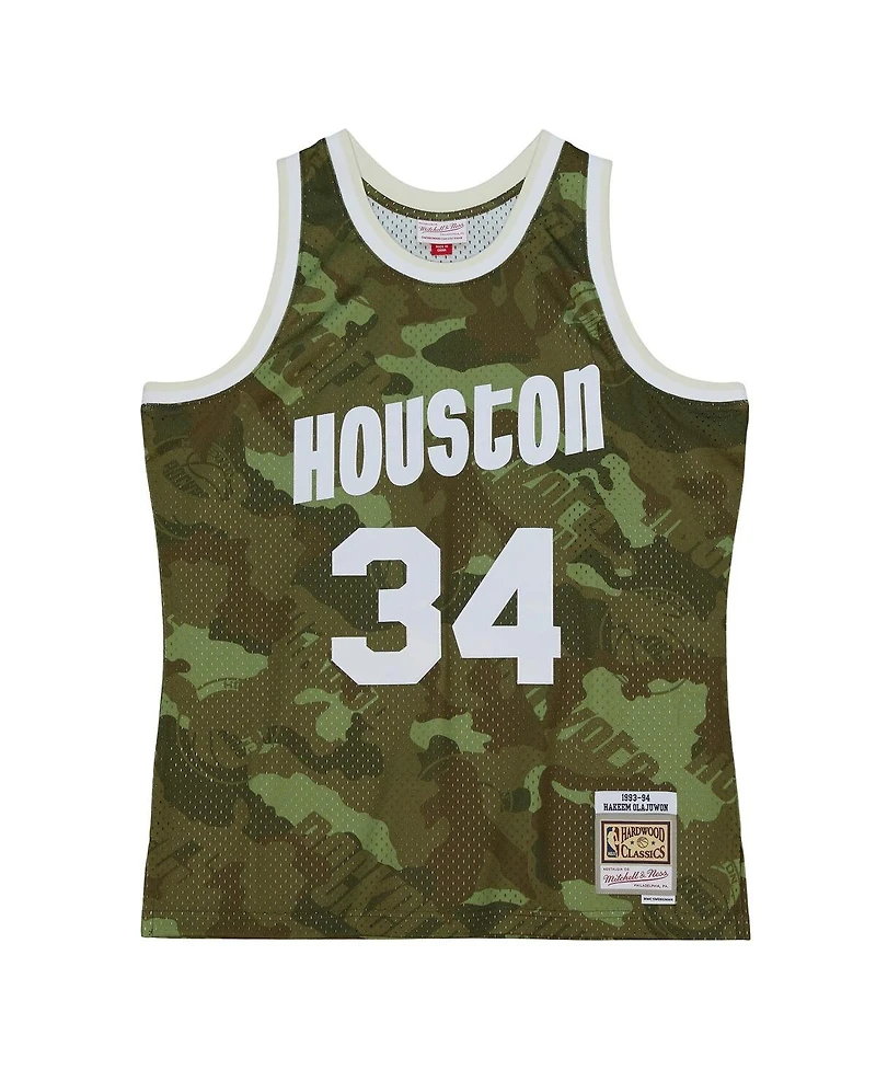 Mitchell & Ness Men's Hakeem Olajuwon Camo Houston Rockets Hardwood Classics 1993/94 Ghost Green Swingman Jersey