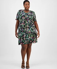 Connected Plus Pleated Tiered Floral Sheath Dress