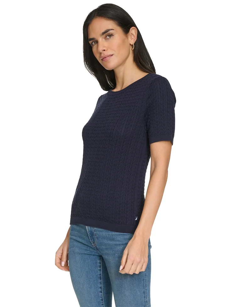 Nautica Jeans Women's Short Sleeves Rope Cable Sweater