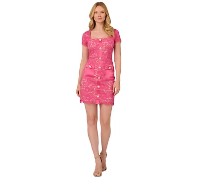 Adrianna Papell Women's Button-Front Scalloped-Hem Lace Dress