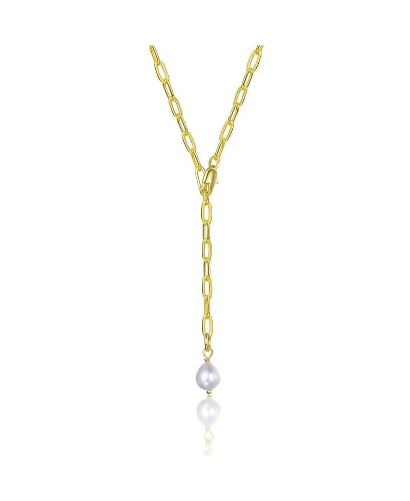Sterling Silver 14K Gold Plated with White Freshwater Pearl Y-Style Necklace