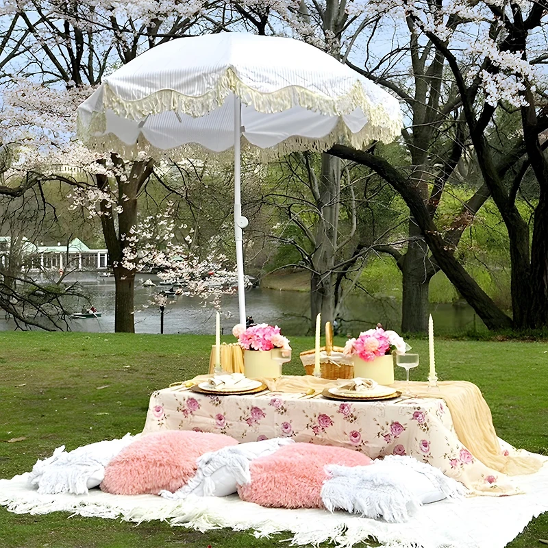 LAGarden 6Ft Fringe Patio Umbrella with Push Button Tilt Carry Bag UV30+ Outdoor Beach Yard Pool Party Deck Purple Stripe