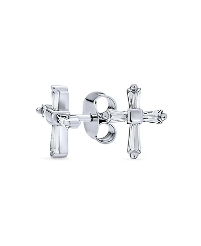 Bling Jewelry Accent Cz Cubic Zirconia Baguette Small Petite Religious Cross Stud Earrings Yellow Gold Plated .925 Sterling Silver