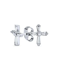 Bling Jewelry Accent Cz Cubic Zirconia Baguette Small Petite Religious Cross Stud Earrings Yellow Gold Plated .925 Sterling Silver