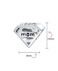 Bling Jewelry Mothers Day -Shape Saying Word Super Mom Charm Bead Oxidized .925 Sterling Silver