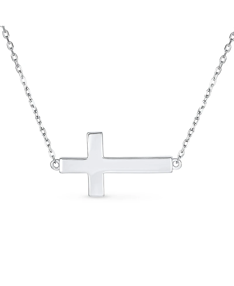 Bling Jewelry Minimalist Simple Created White Opal Inlay Horizontal Sideways Cross Necklace Station Pendant .925 Sterling Silver