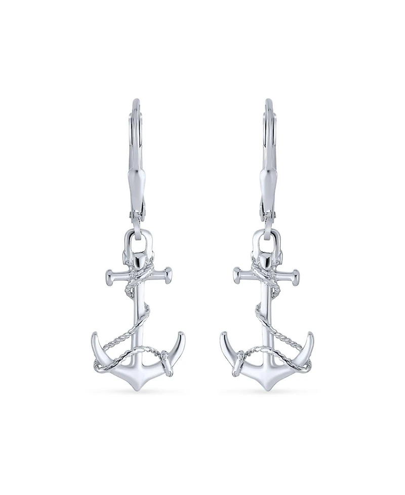 Bling Jewelry Tropical Beach Vacation Honeymoon Simple Nautical Boat Rope Anchor Lever Back Dangle Earrings .925 Sterling Silver