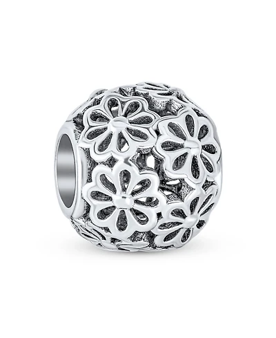 Bling Jewelry Floral Filigree Round Bouquet Flower Barrel Charm Bead Oxidized .925 Sterling Silver
