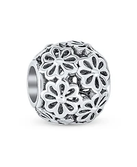 Bling Jewelry Floral Filigree Round Bouquet Flower Barrel Charm Bead Oxidized .925 Sterling Silver