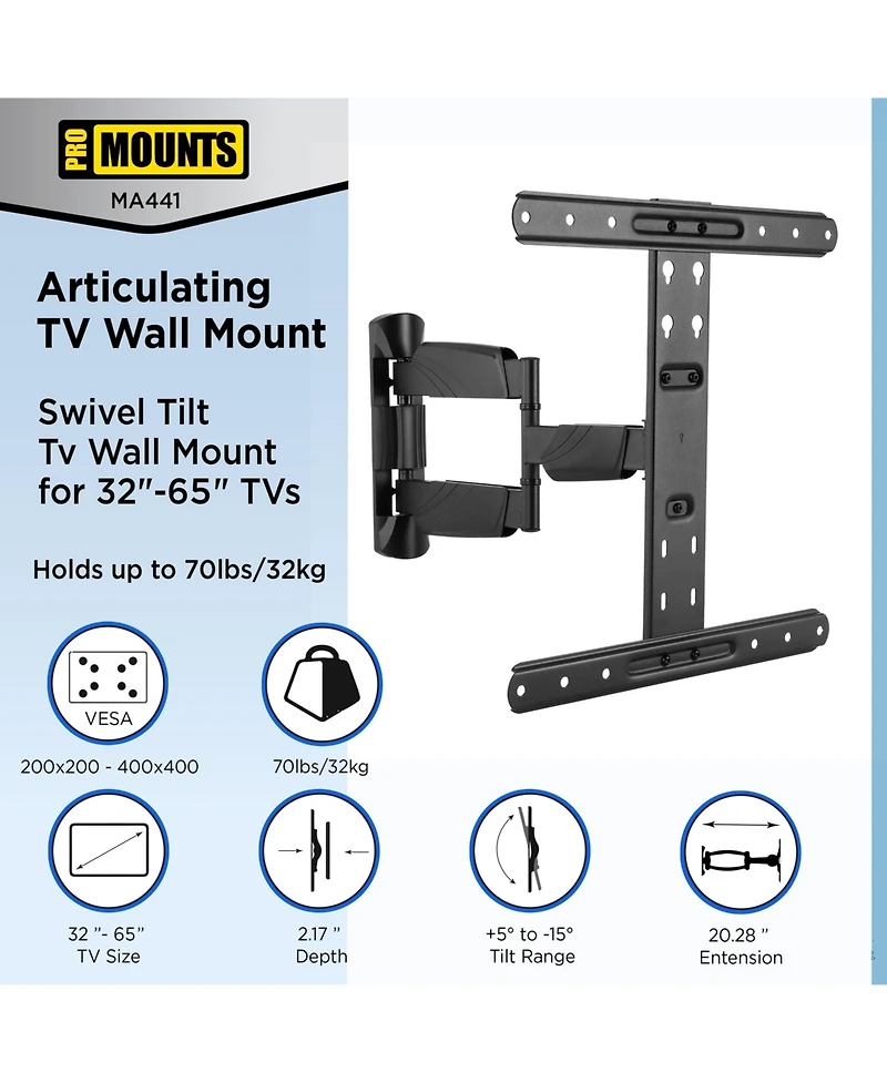 ProMounts Full Motion Tv Wall Mount for 32”-65” Screens, Holds up to 70lbs