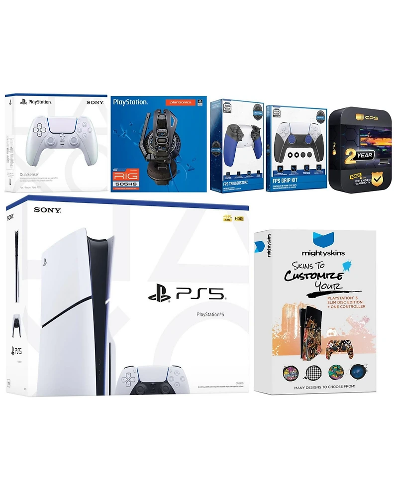 Sony Playstation 5 Slim Disc with Extra Galactic Purple Controller, Plantronics Headset, Trigger Stop Kit, Fps Grip Kit and MightySkins Decal Voucher