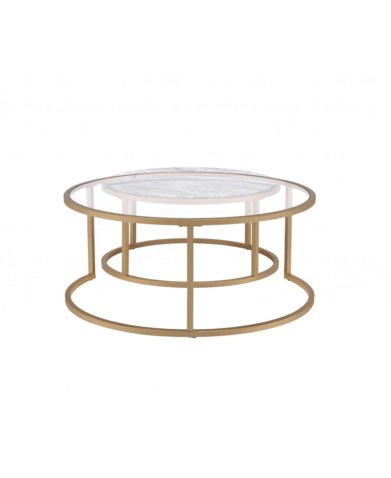 Set of Two 36" Clear White And Gold Glass Faux Marble And Iron Round Nested Coffee Tables