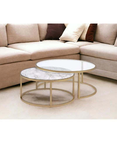 Set of Two 36" Clear White And Gold Glass Faux Marble And Iron Round Nested Coffee Tables