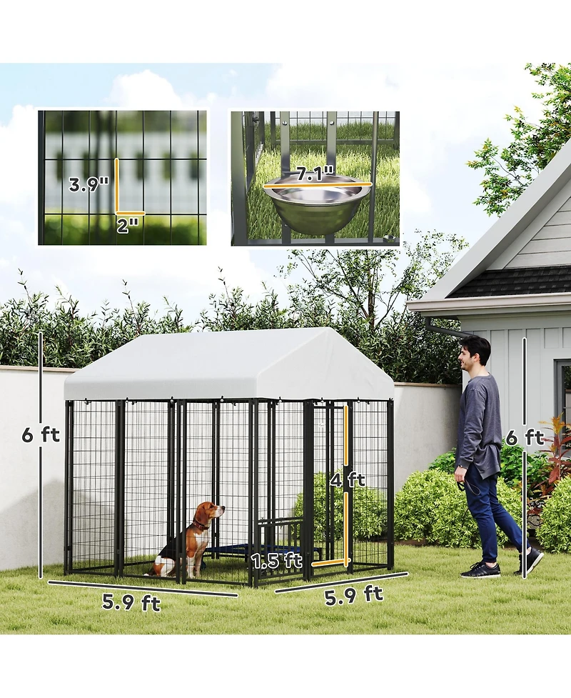 PawHut 5.9' x 5.9' x 6' Outdoor Dog Kennel with Rotating & Adjustable Bowls
