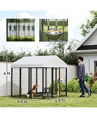 PawHut 5.9' x 5.9' x 6' Outdoor Dog Kennel with Rotating & Adjustable Bowls