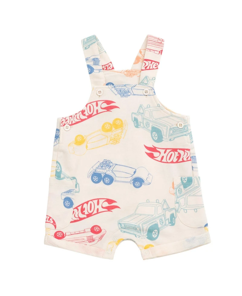 Hot Wheels Baby Boys French Terry Square Neck Short Overalls and T-Shirt Outfit Set