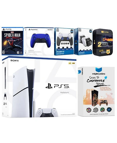 Sony Playstation 5 Slim Disc with Spider-Man: Miles Morales, Extra Volcanic Red Controller, Fps Grip Kit, Charge Dock and MightySkins Decal Voucher +