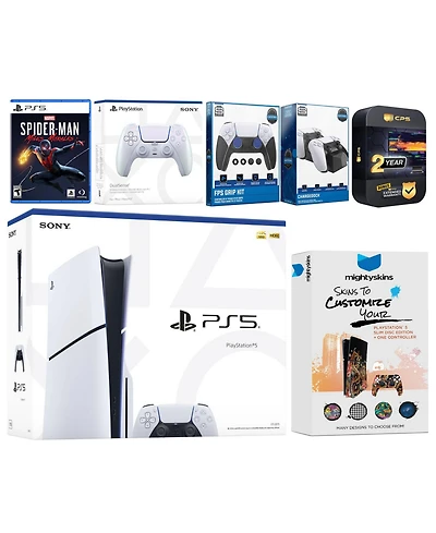 Sony Playstation 5 Slim Disc with Spider-Man: Miles Morales, Extra Volcanic Red Controller, Fps Grip Kit, Charge Dock and MightySkins Decal Voucher +