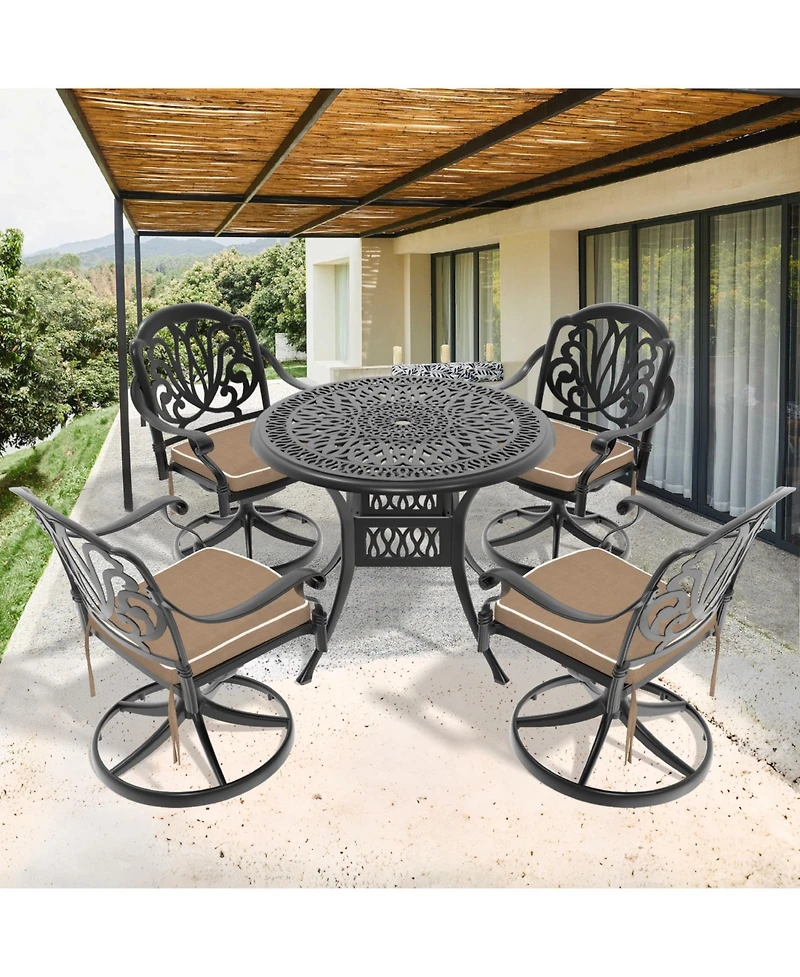 Streamdale 5-Piece Cast Aluminum Dining Set, 4 Swivel Chairs, 35" Round Table