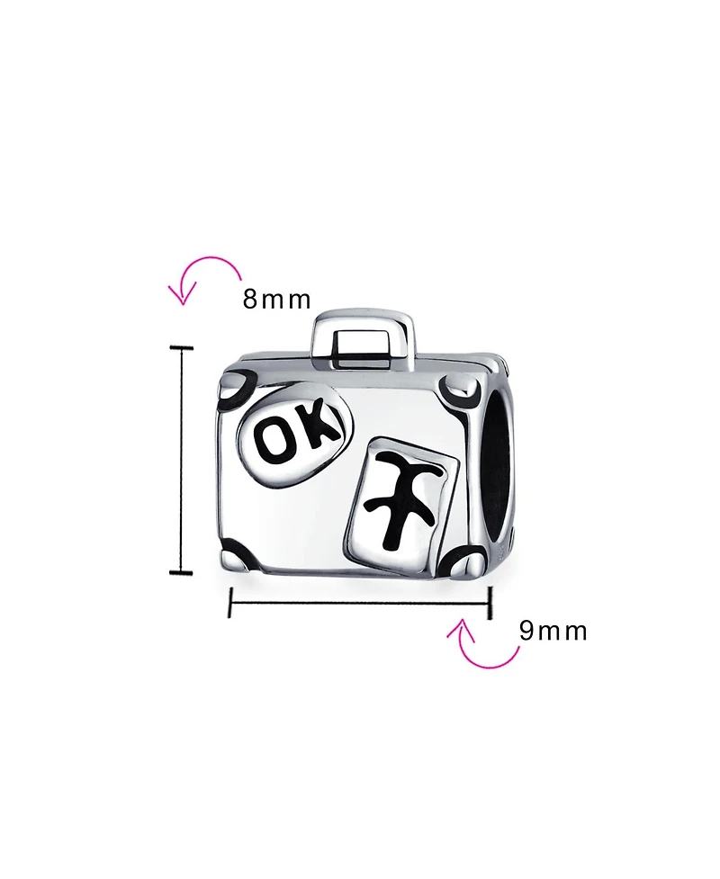 Bling Jewelry Vacation Tourism Travel Suitcase Luggage Charm Bead Oxidized .925 Sterling Silver