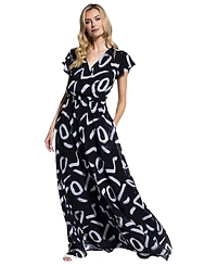 HotSquash London Women's Abstract Print Chiffon Faux Wrap Maxi Dress