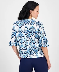 Jm Collection Petite Floral-Print Split-Neck Cuffed-Sleeve Top, Exclusively at Macy's