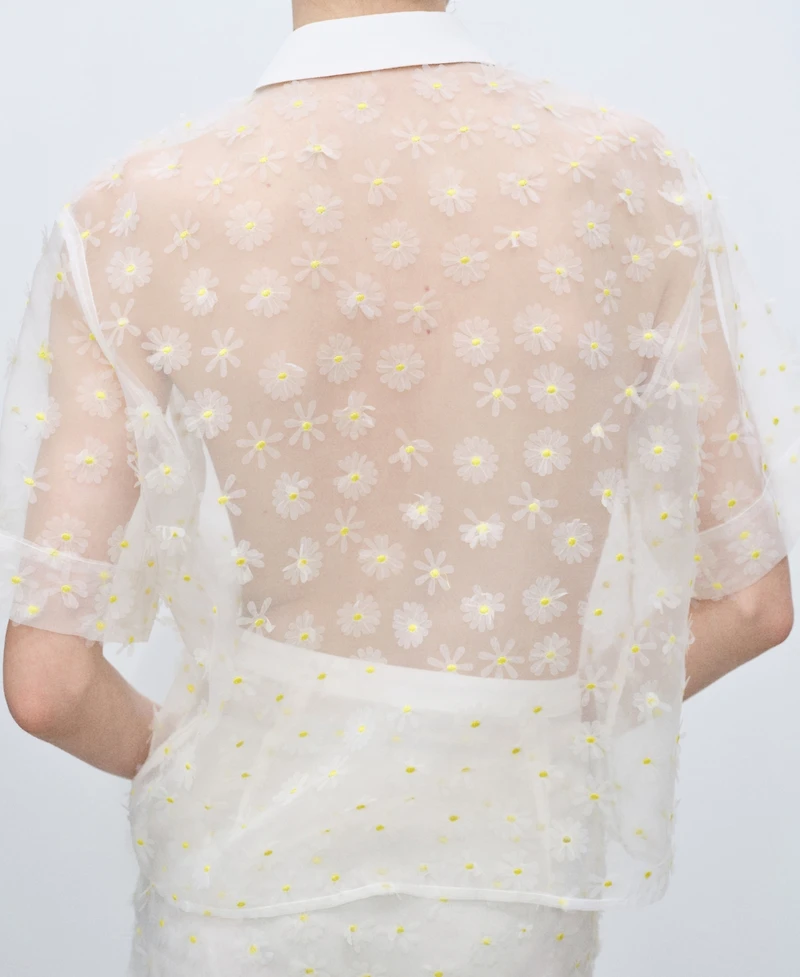 Mango Women's Floral Embroidered Semi-Transparent Shirt