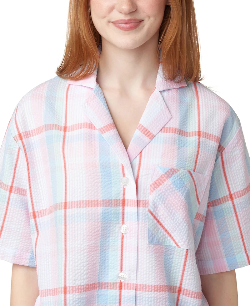 Hue Women's Plaid Seersucker Short-Sleeve Boxer Pajama Set