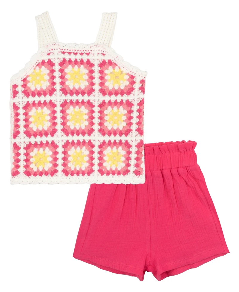 Rare Editions Baby Girls 2-Piece Granny Square Crochet and Short Set