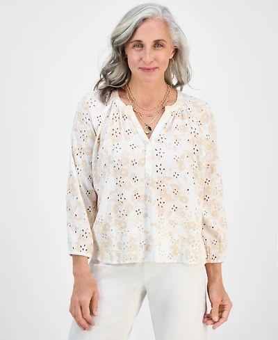 Style & Co Petite Morning Glories Contrast-Stitched Blouse, Exclusively at Macy's