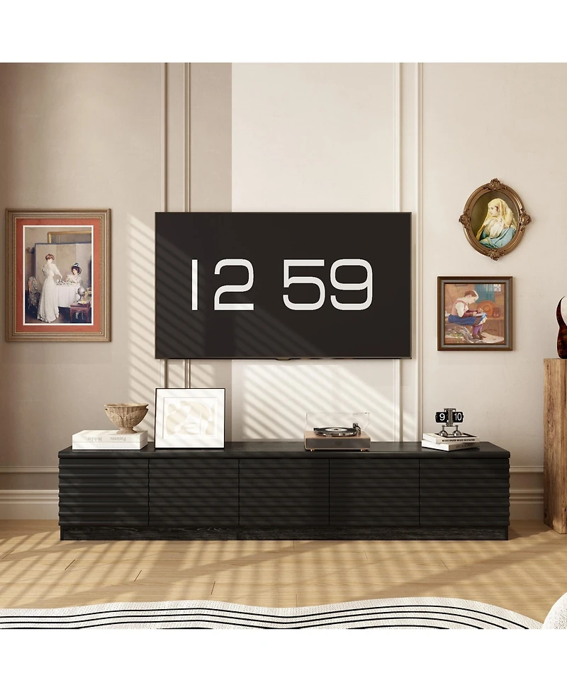 Tv stand with two doors and three drawers, multi-purpose media console, black wood entertainment center