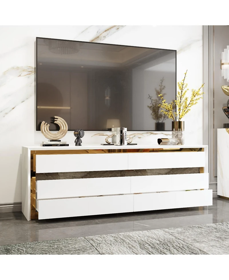 Tv stand with 6 drawers, media console with gold frame, white wooden entertainment center