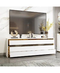 Tv stand with 6 drawers, media console with gold frame, white wooden entertainment center