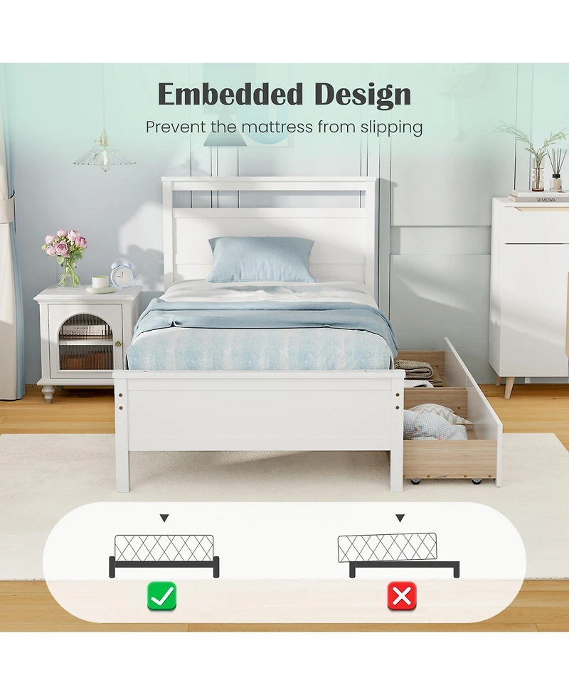 Twin Wooden Bed Frame with 2 Drawers for Teens and Adults