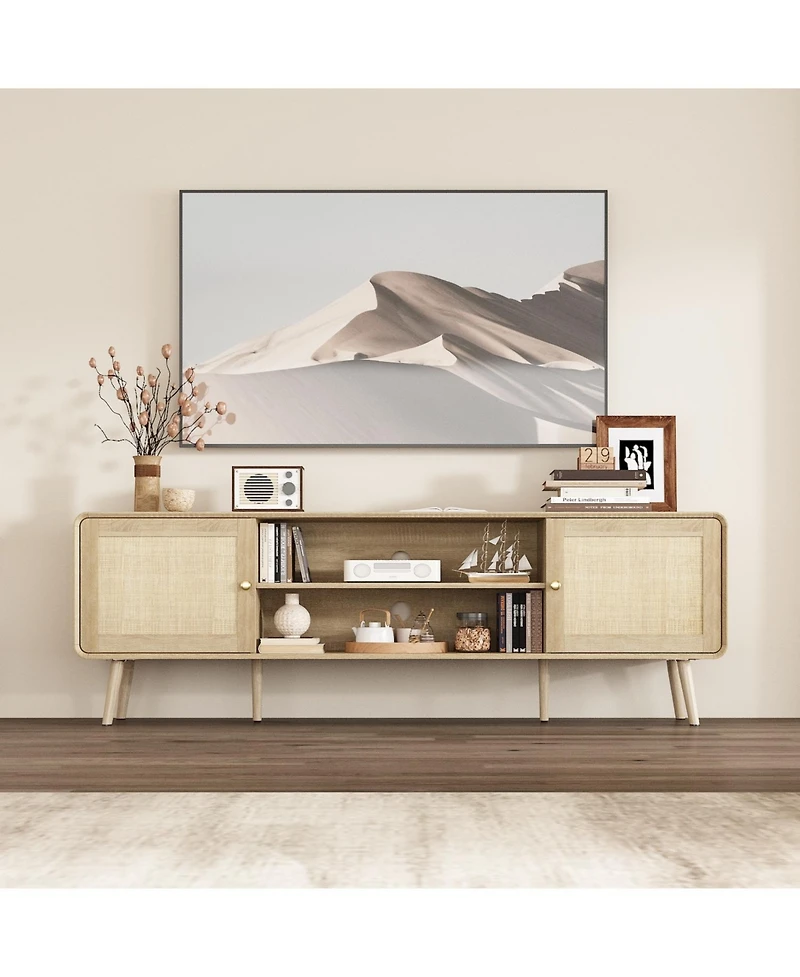 Tv stand with rattan door panels, media console with two doors and two compartments, entertainment center with legs