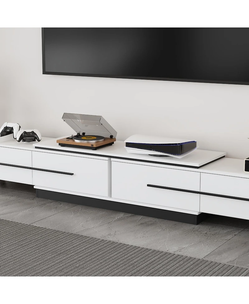 Retractable Tv stand with 4 drawers, media console with metal handles and feet, splicable entertainment center