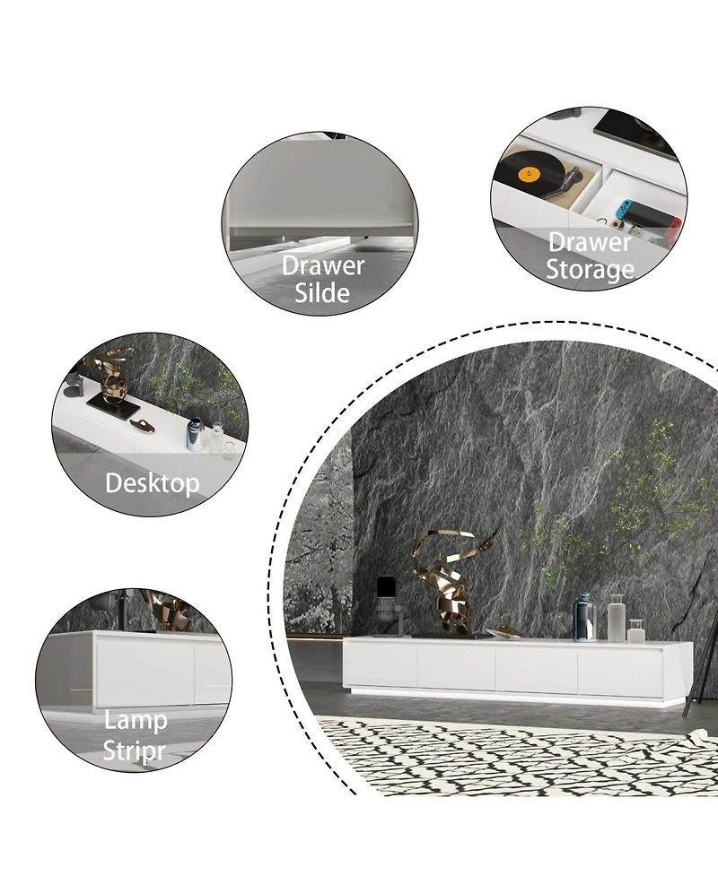 Tv stand with 4 drawers, media console with light strip, entertainment center in white wood